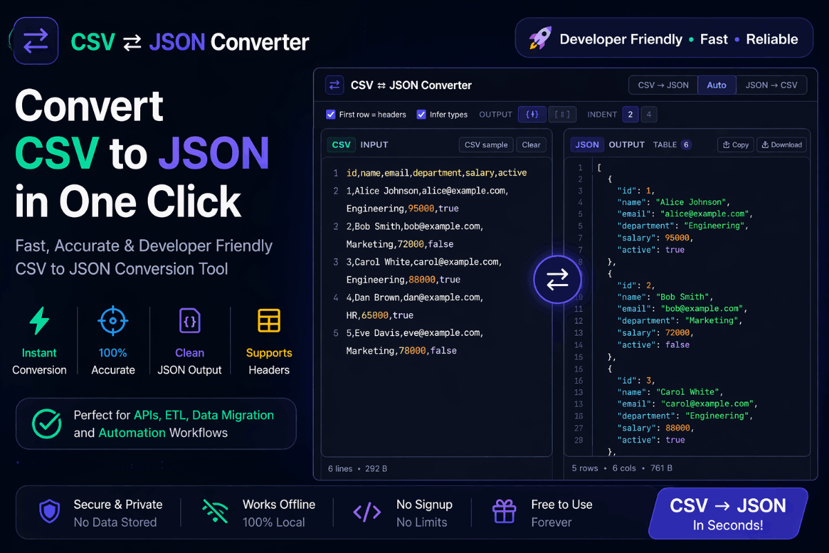 CSV to JSON Converter Free — JSON to CSV Online | FWD Tools