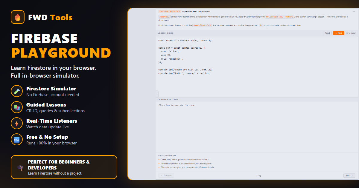 javascript - firebase - update specific fields... Firebase Playground — 23 Free Firestore Lessons & Simulator | FWD Tools