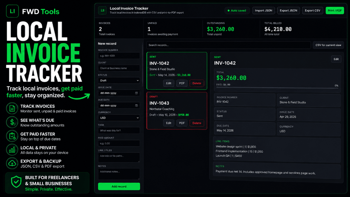 Local Invoice Tracker — Free Invoice Management, No Login | FWD Tools