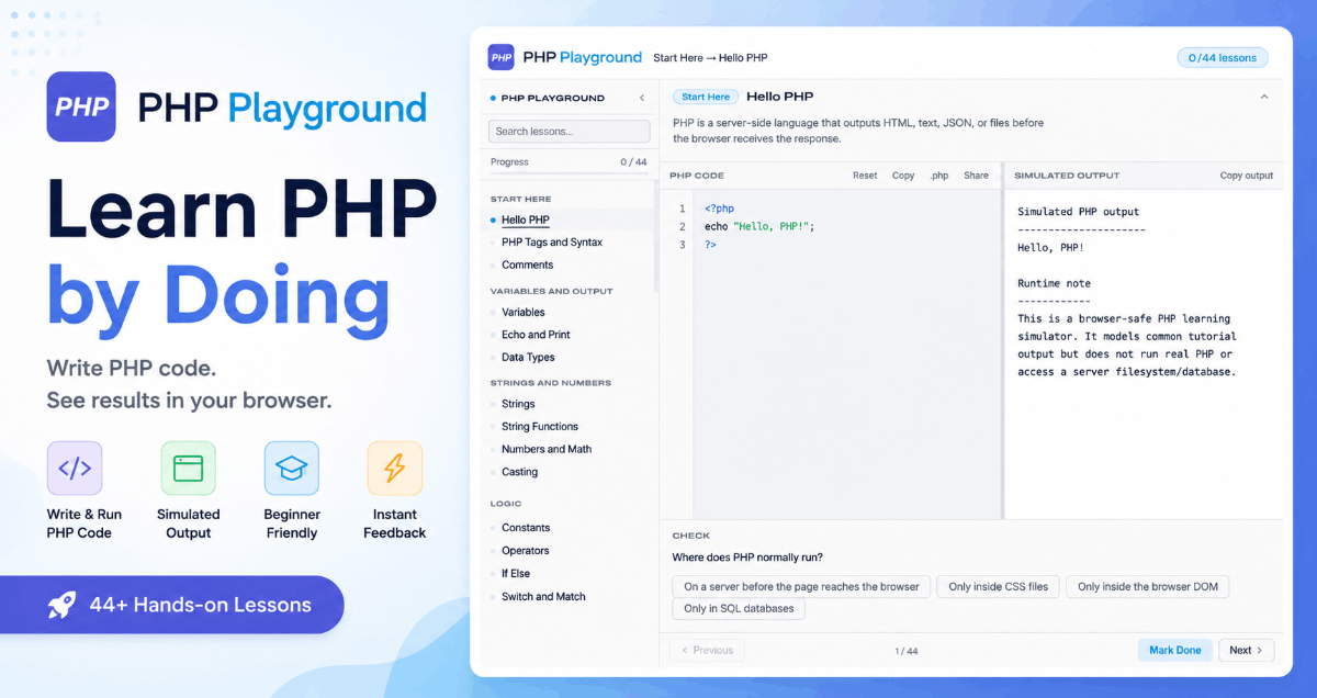 PHP Playground — Learn PHP Visually, 60 Lessons Free | FWD Tools