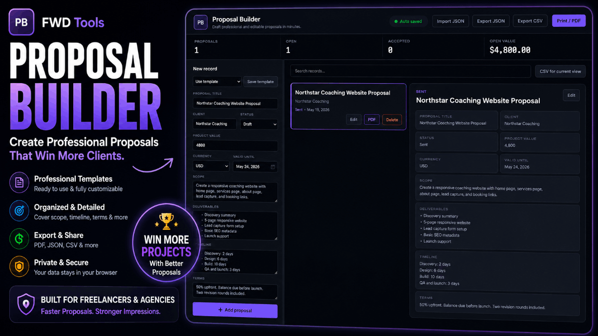 Freelance Proposal Builder — Free, No Signup, No Login | FWD Tools