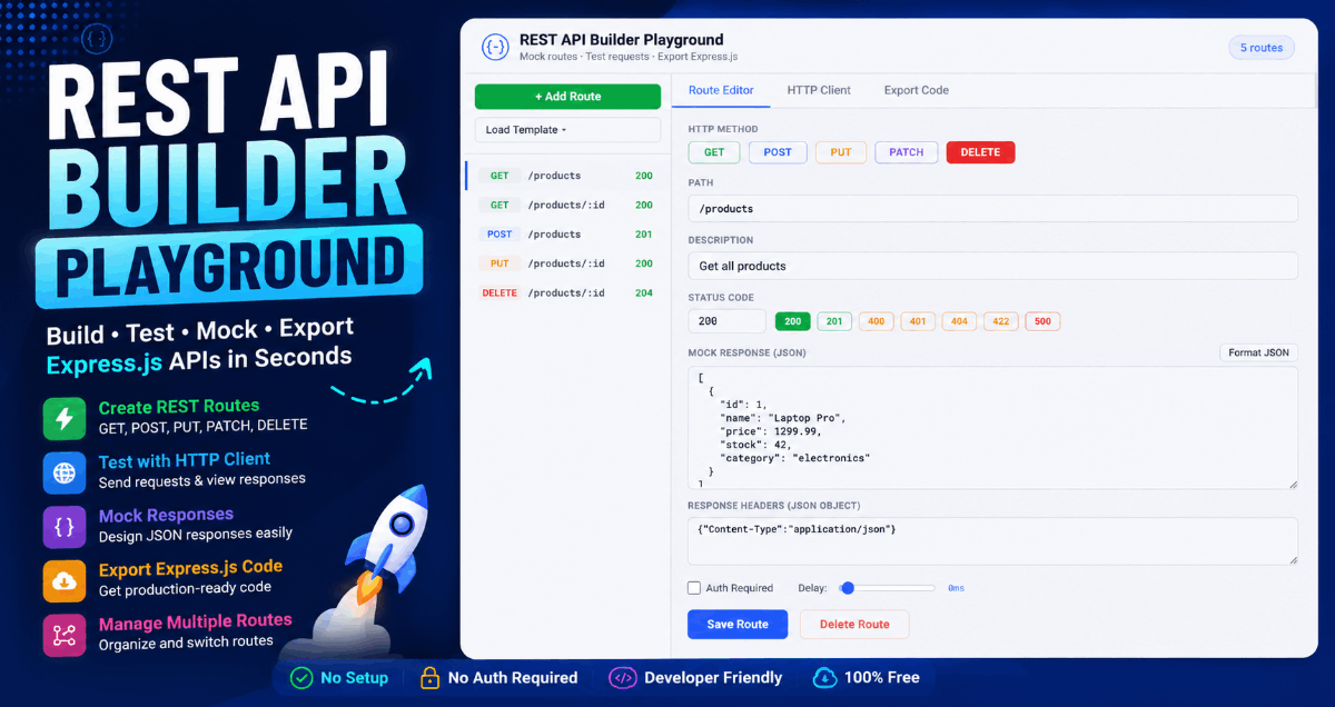 REST API Builder Playground — Mock, Test & Export Express | FWD Tools
