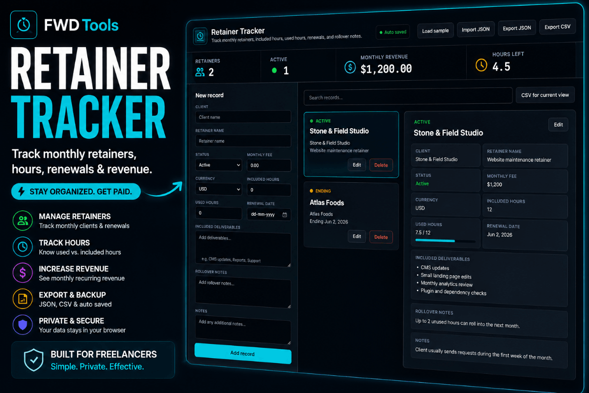 Retainer Tracker for Freelancers — Free, No Signup, No Login | FWD Tools
