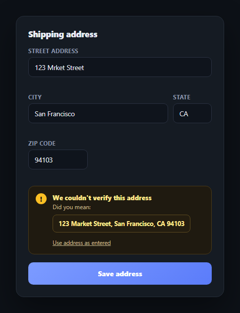 Screenshot of the Address Validation Form snippet rendered live