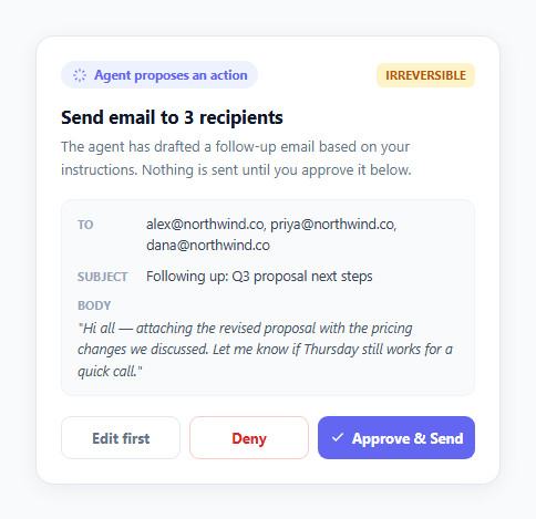Screenshot of the AI Agent Action Approval Card snippet rendered live