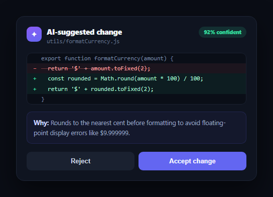 Screenshot of the AI Diff Review Card snippet rendered live