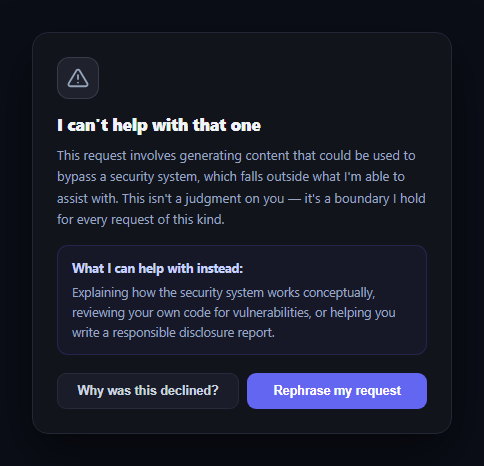 Screenshot of the AI Safety Refusal Card snippet rendered live