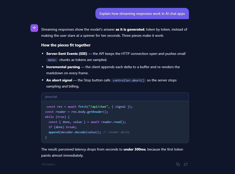 Screenshot of the AI Streaming Response snippet rendered live