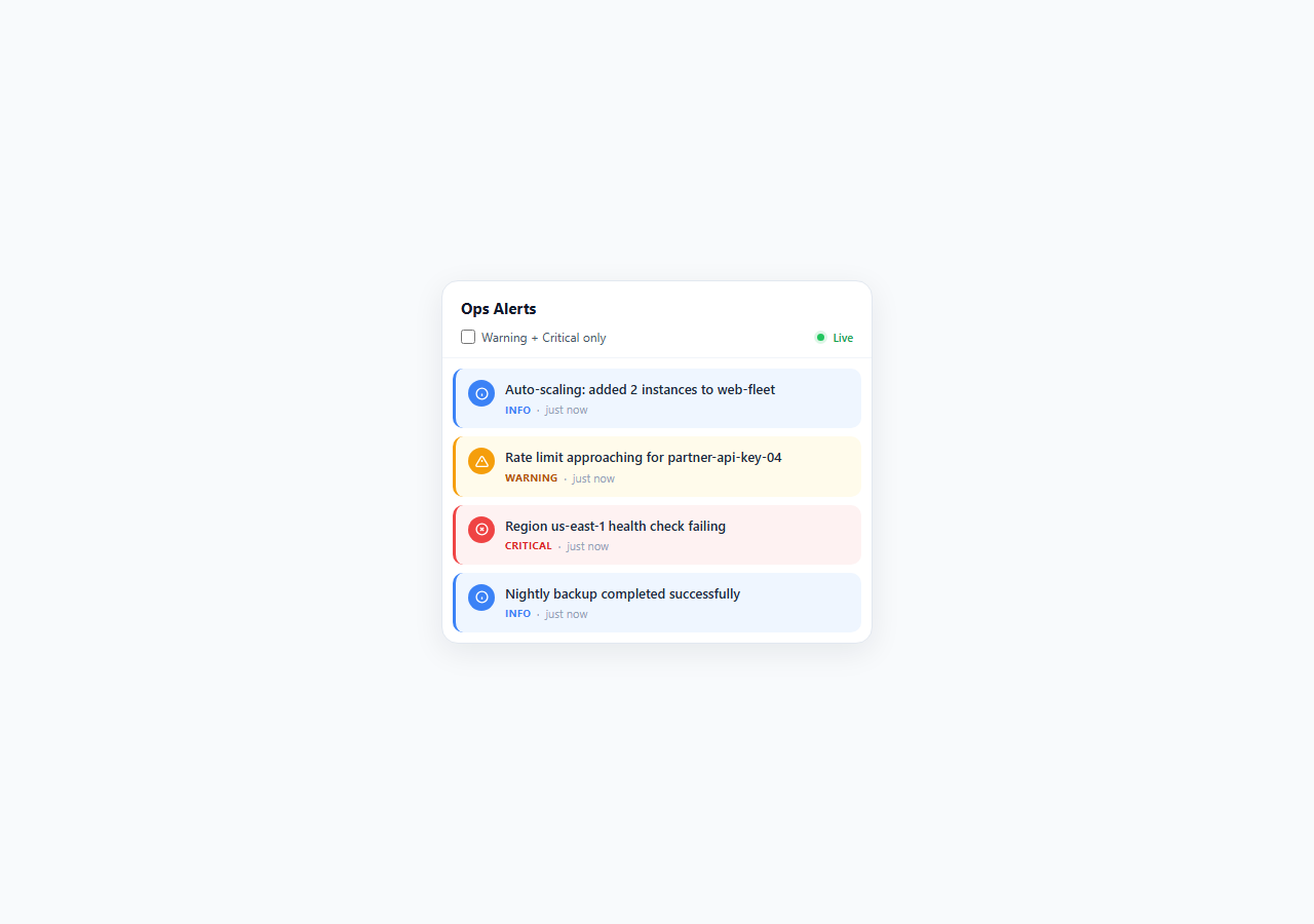 Screenshot of the Live Ops Alert Feed Panel snippet rendered live