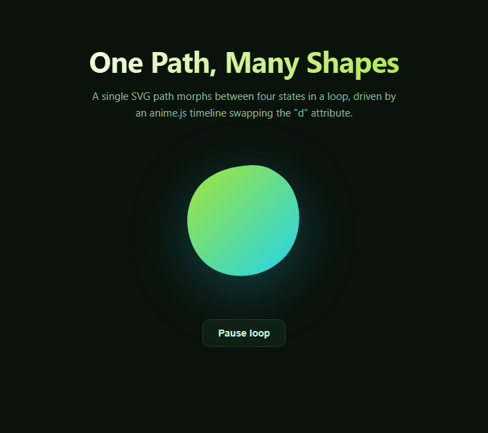 Screenshot of the Anime.js SVG Shape Morph snippet rendered live