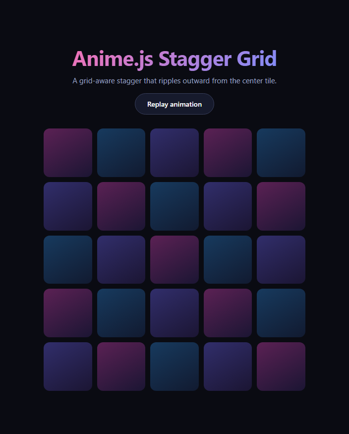 Screenshot of the Anime.js Stagger Grid snippet rendered live