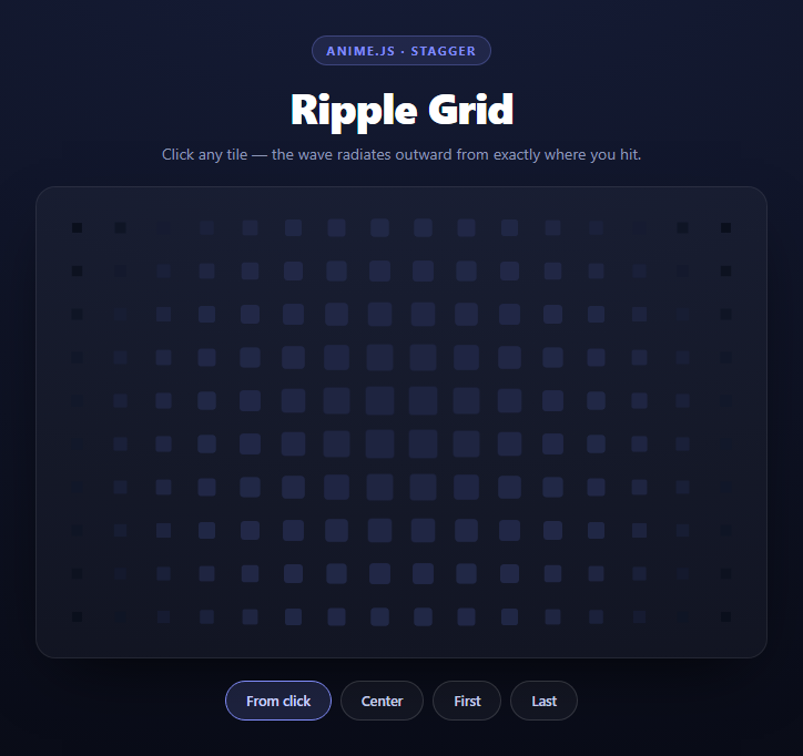 Screenshot of the Anime.js Ripple Grid snippet rendered live