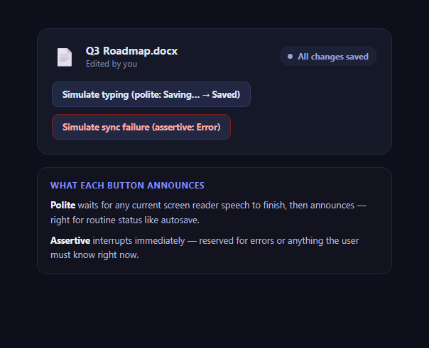 Screenshot of the ARIA Live Status Badge snippet rendered live