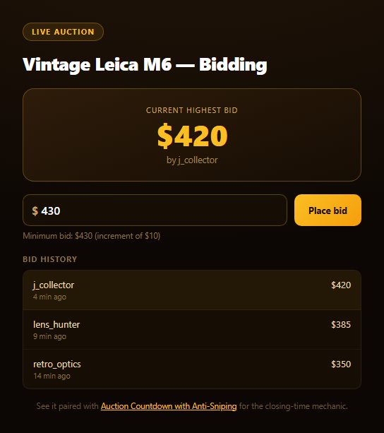 Screenshot of the Live Auction Bid Ticker snippet rendered live
