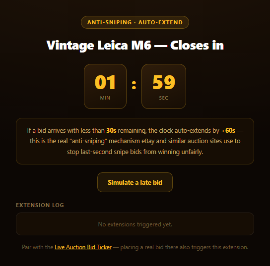Screenshot of the Auction Countdown with Anti-Sniping snippet rendered live