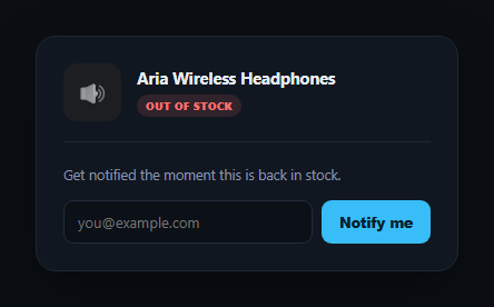 Screenshot of the Back in Stock Notify Me Form snippet rendered live