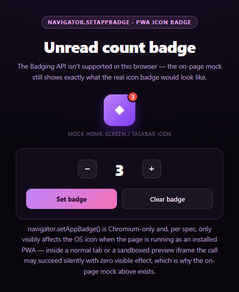 Screenshot of the App Badge API Demo snippet rendered live