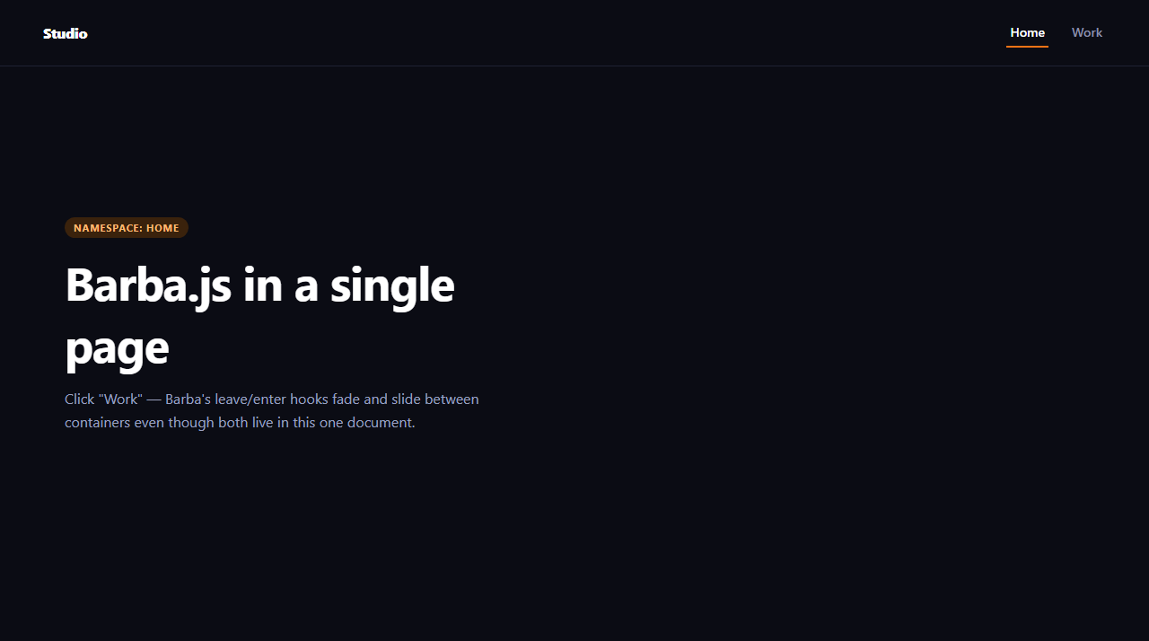 Screenshot of the Barba.js Page Transition snippet rendered live