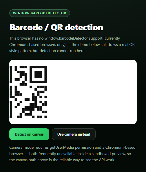 Screenshot of the Barcode Detector API Demo snippet rendered live