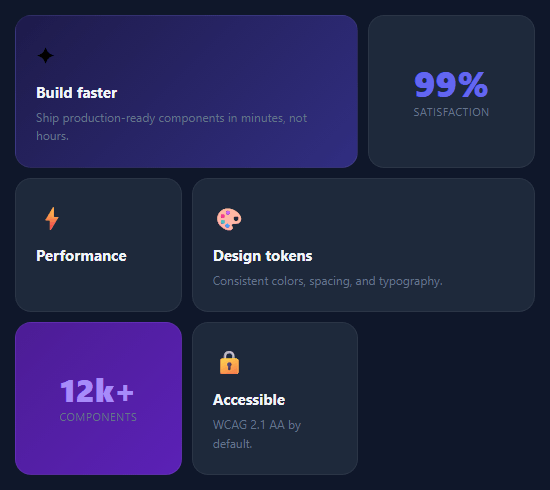 Screenshot of the Bento Grid snippet rendered live