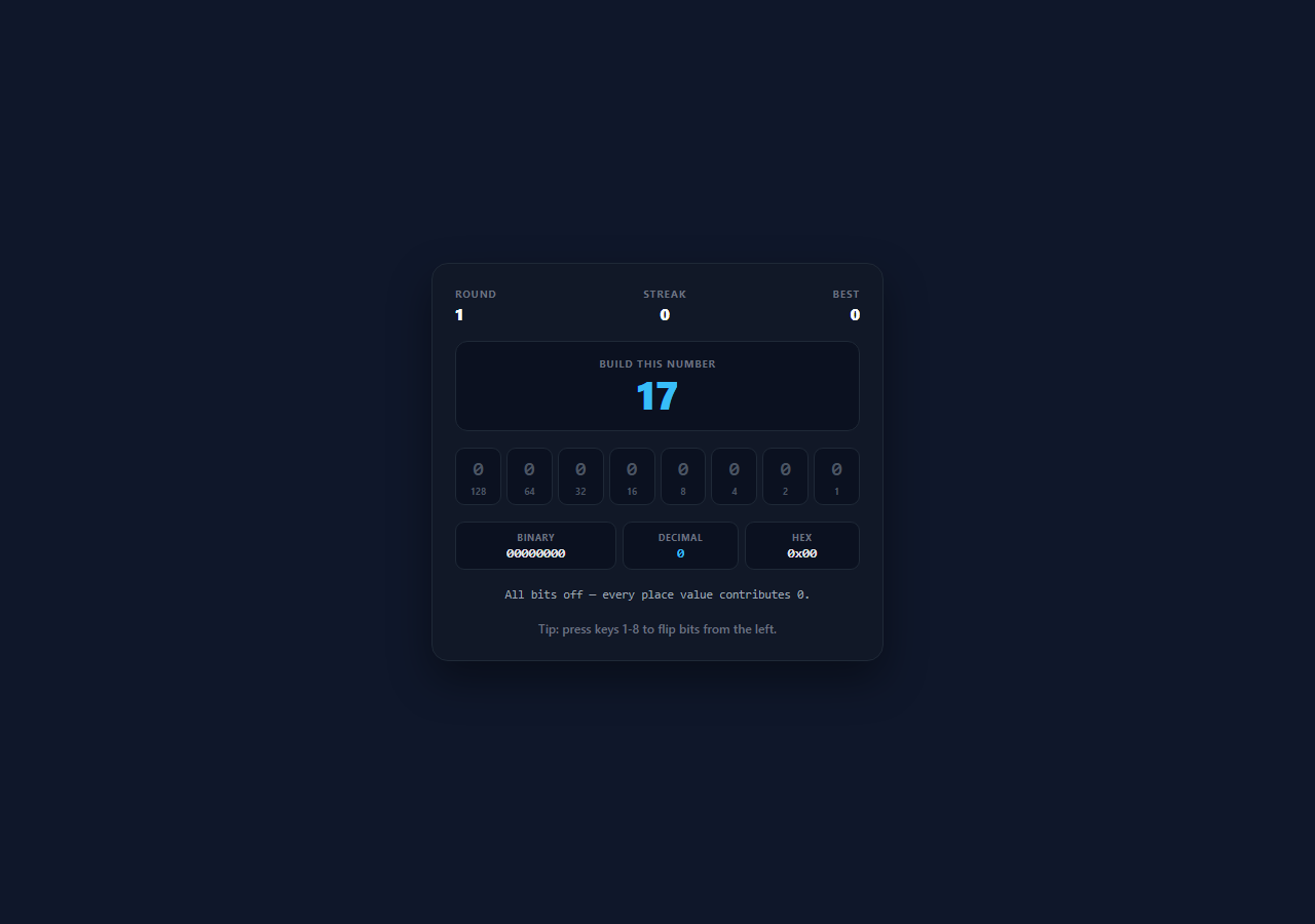 Screenshot of the Binary Bit Flip Game snippet rendered live