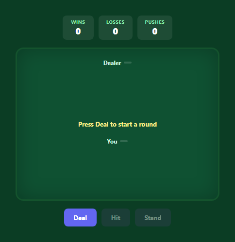 Screenshot of the Blackjack Card Game vs Dealer snippet rendered live
