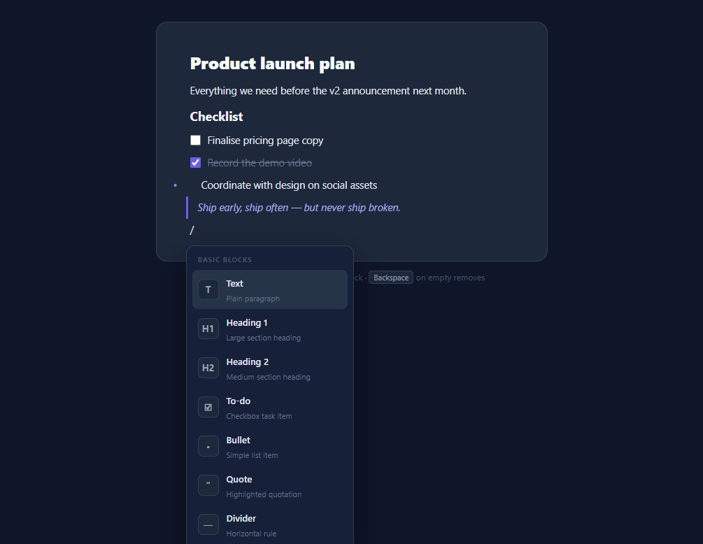 Screenshot of the Notion-Style Block Editor snippet rendered live