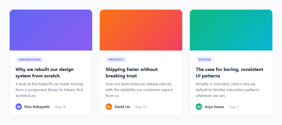 Screenshot of the Blog Post Card Grid snippet rendered live