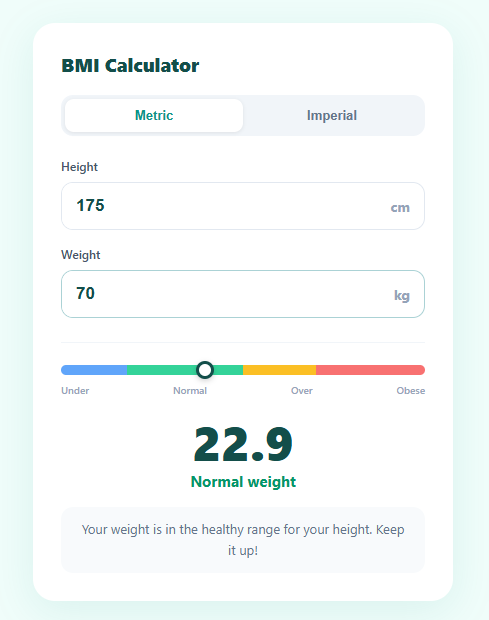 Screenshot of the BMI Calculator snippet rendered live