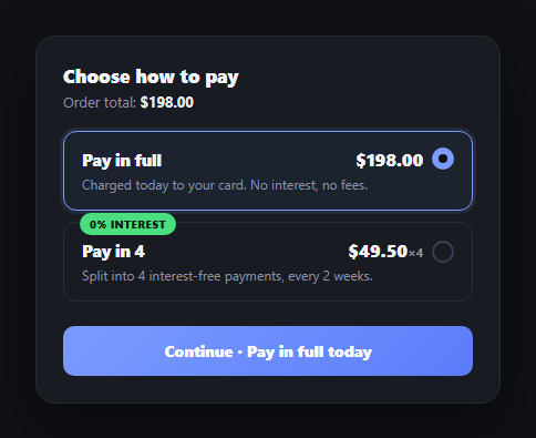 Screenshot of the Buy Now Pay Later Selector snippet rendered live