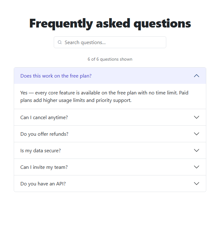 Screenshot of the Bootstrap Accordion FAQ with Live Search snippet rendered live