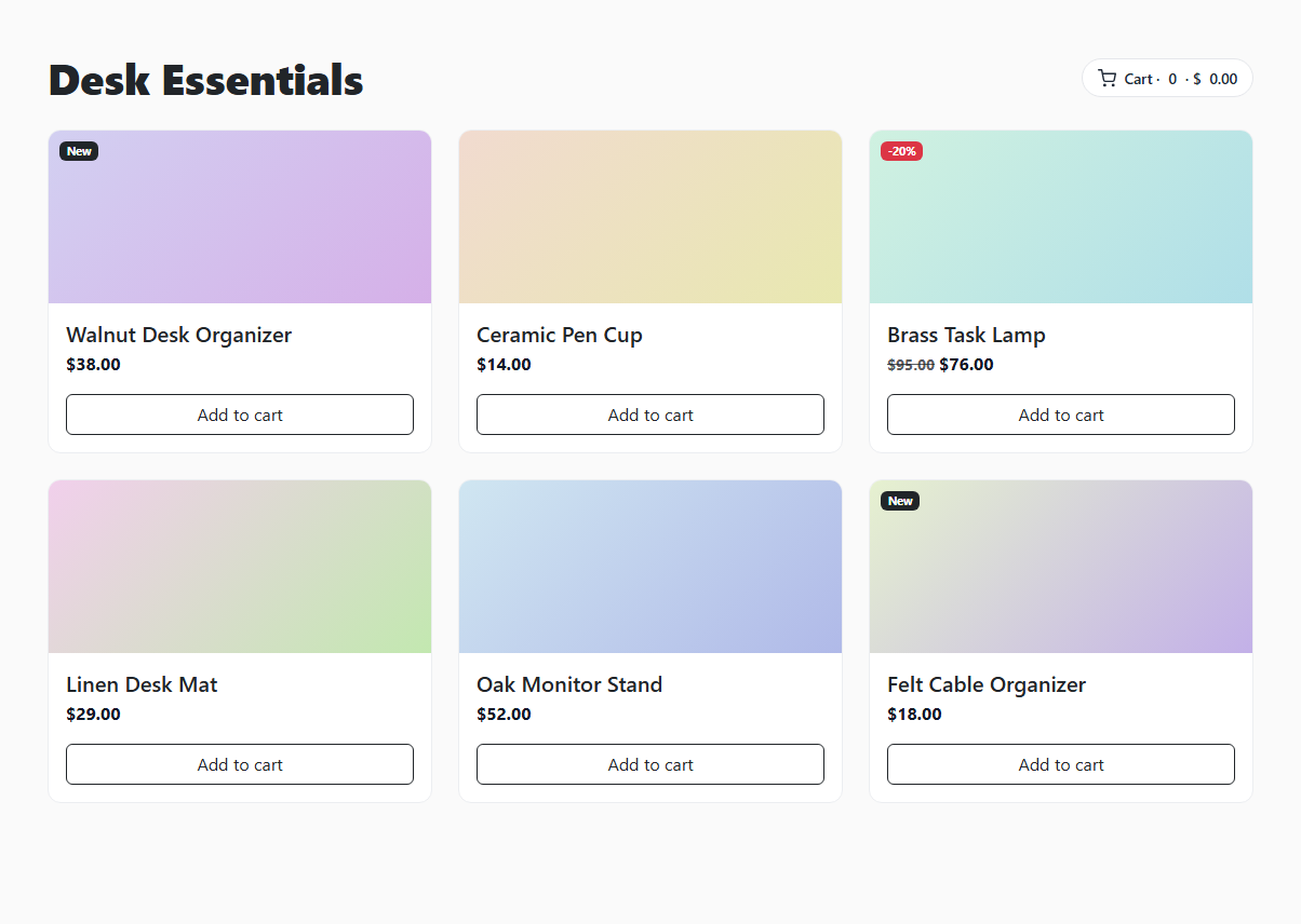 Screenshot of the Bootstrap Product Card Grid with Quick Add to Cart snippet rendered live