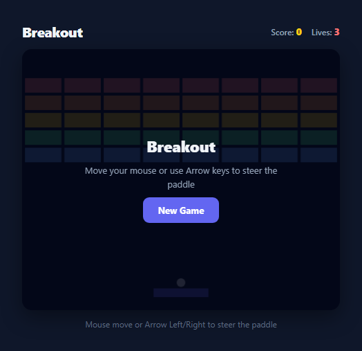 Screenshot of the Breakout Brick Breaker snippet rendered live