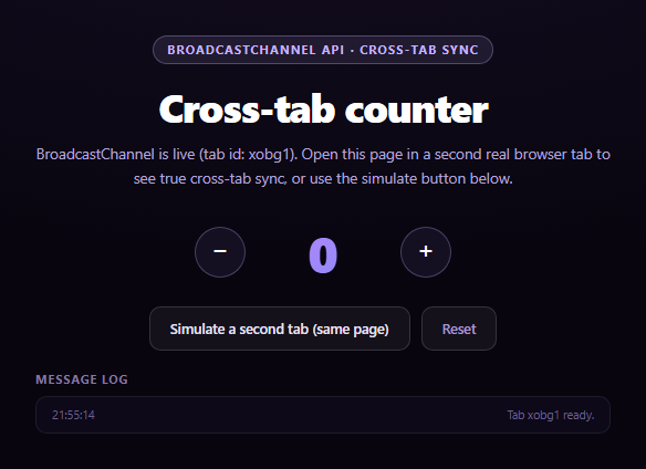 Screenshot of the BroadcastChannel Cross-Tab Sync snippet rendered live