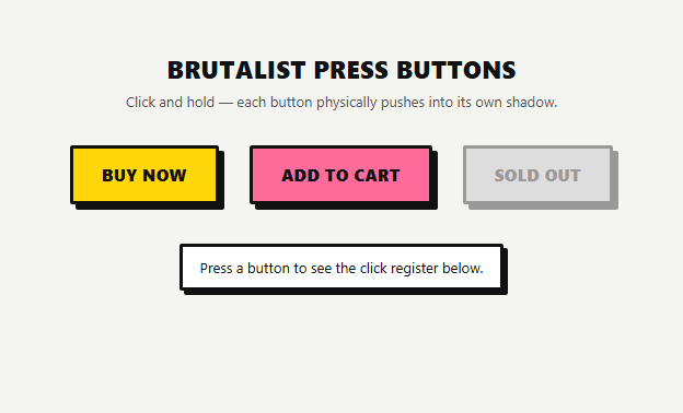 Screenshot of the Tactile Brutalist Press Button snippet rendered live