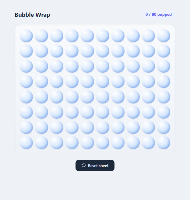 Screenshot of the Bubble Wrap Popper (Stress Relief) snippet rendered live