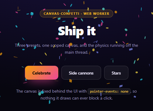 Screenshot of the Canvas Confetti Burst Button snippet rendered live