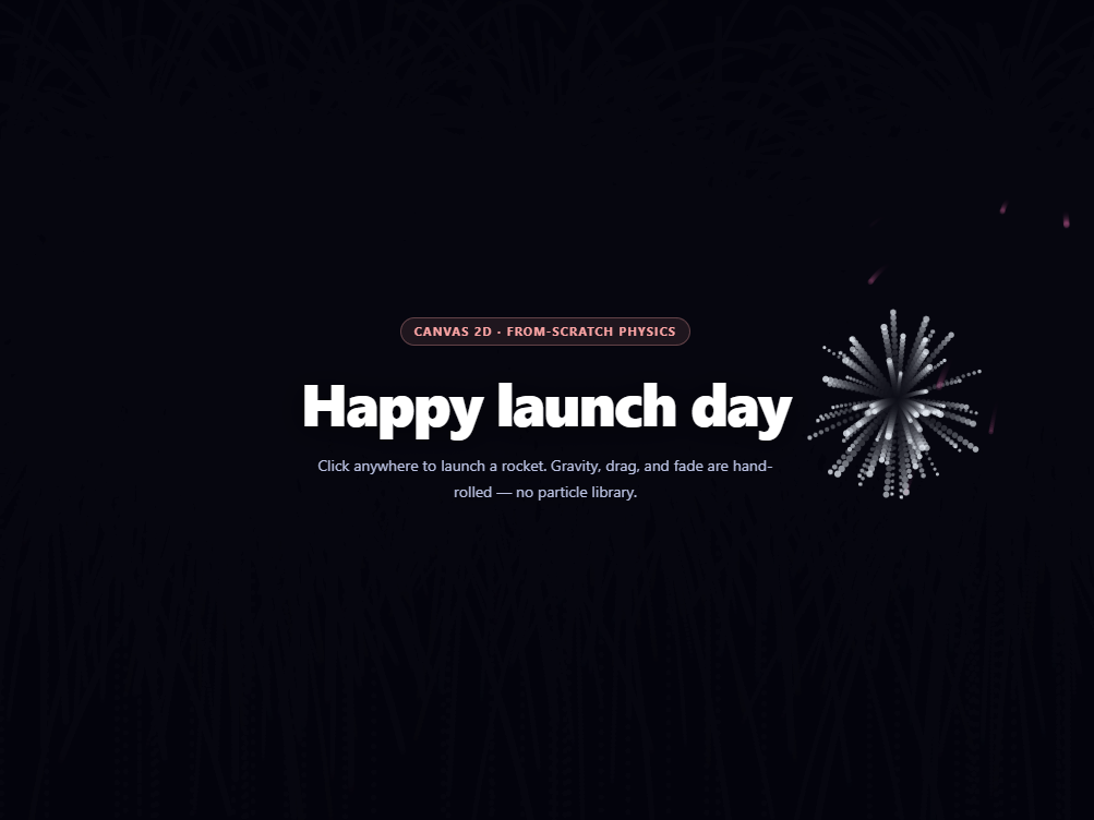 Screenshot of the Canvas Fireworks Physics snippet rendered live