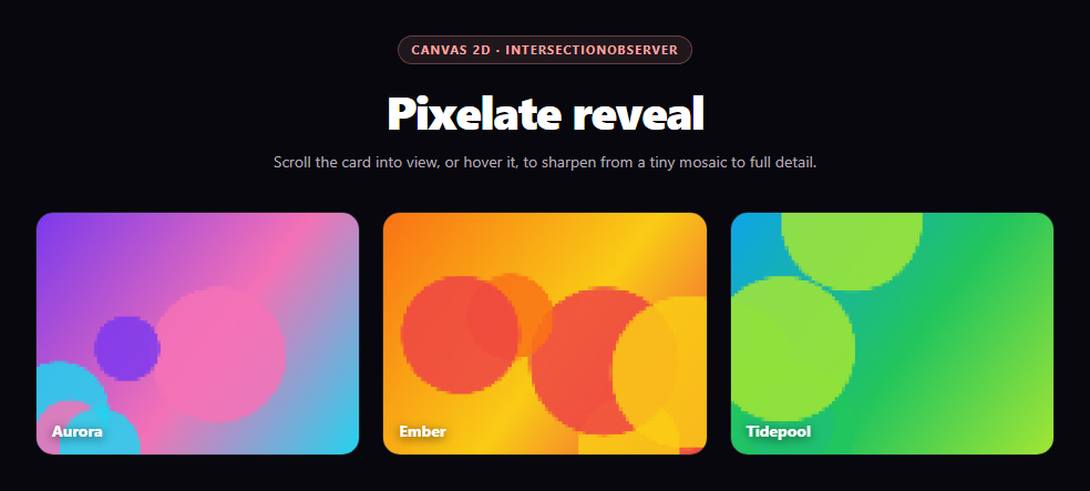 Screenshot of the Canvas Pixelate Image Reveal snippet rendered live