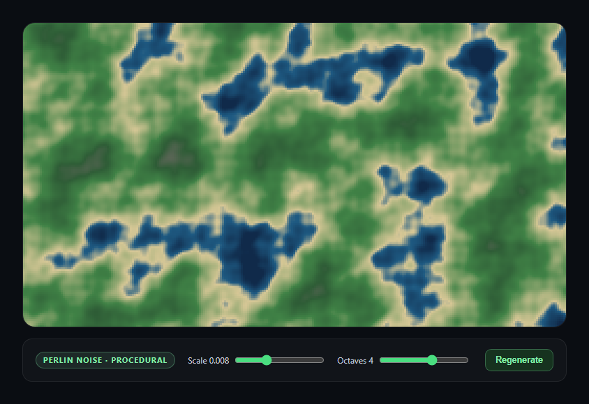 Screenshot of the Canvas Noise Terrain Generator snippet rendered live