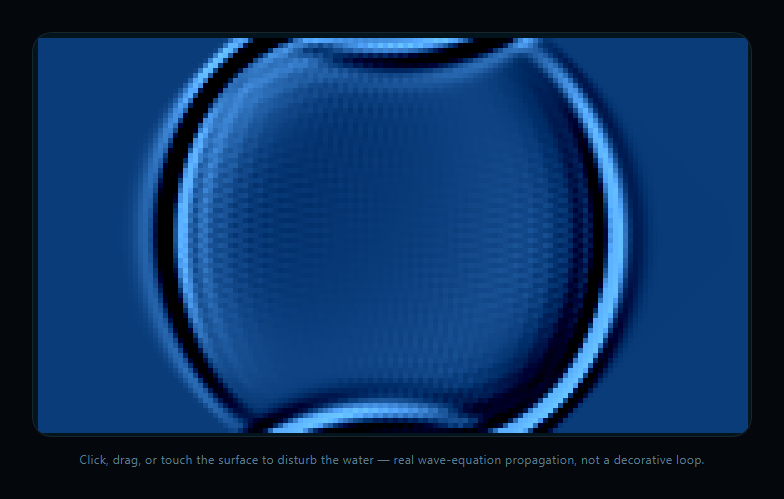Screenshot of the Canvas Water Ripple Simulation snippet rendered live