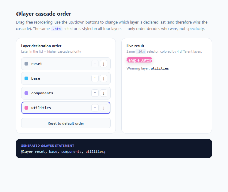 Screenshot of the CSS Cascade Layers (@layer) Explainer snippet rendered live