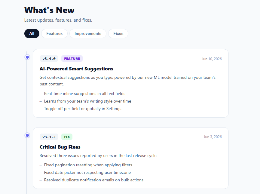 Screenshot of the Changelog / Release Notes snippet rendered live