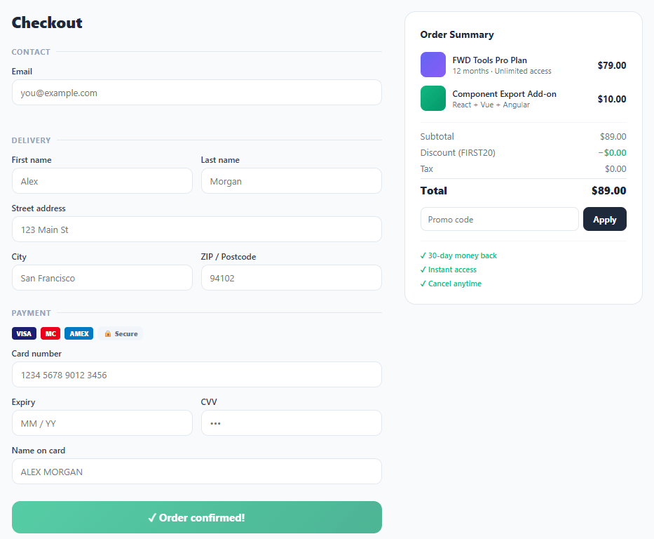 Screenshot of the Checkout Payment Form snippet rendered live