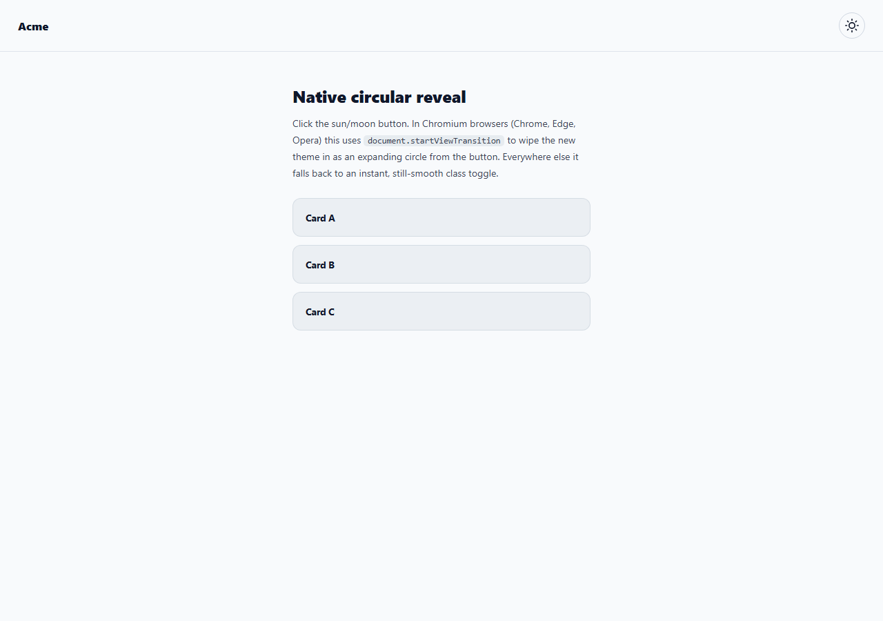 Screenshot of the Circular Reveal Theme Toggle (View Transitions API) snippet rendered live
