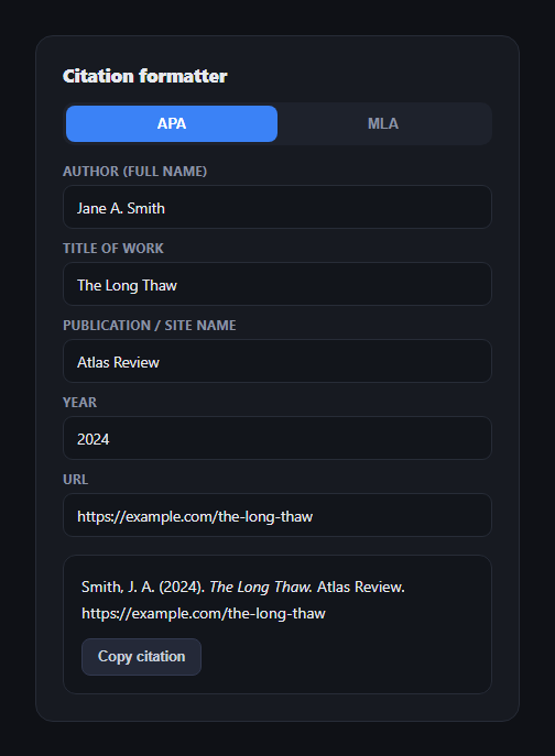 Screenshot of the Citation Style Formatter snippet rendered live