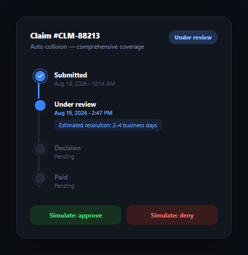 Screenshot of the Insurance Claim Status Tracker snippet rendered live