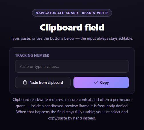 Screenshot of the Clipboard Paste Button snippet rendered live