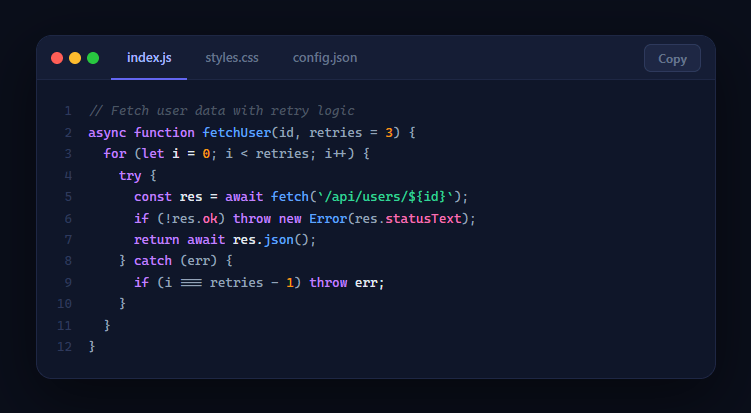 Screenshot of the Multi-Tab Code Block snippet rendered live