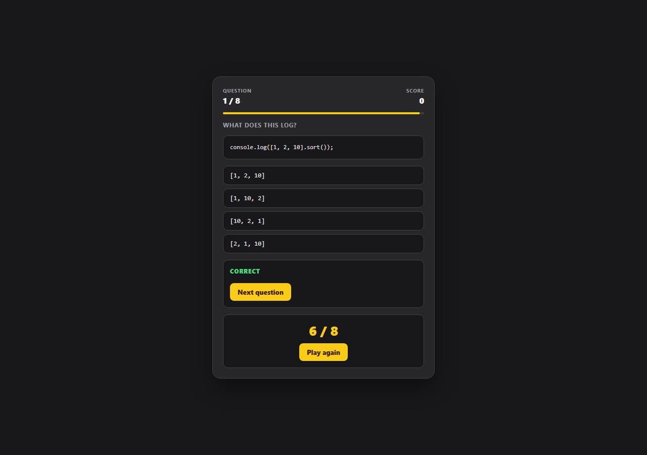 Screenshot of the Predict the Output Quiz Game snippet rendered live